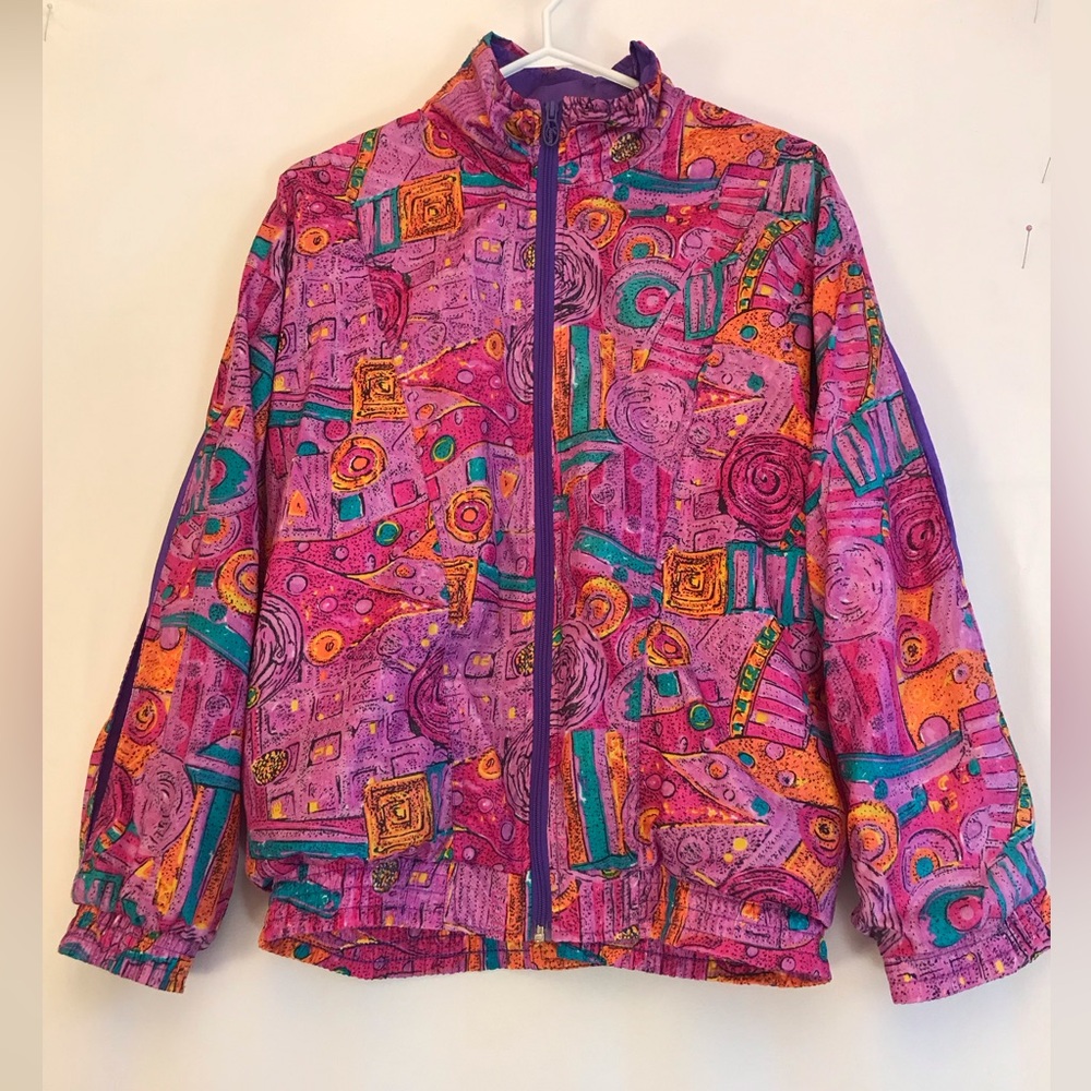 Vintage 90s Y2K Windbreaker Colourful Abstract Patterned Print Large